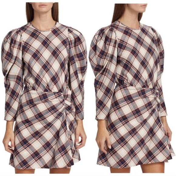 Veronica Beard Agnor plaid ink toffee multi puff long sleeve mini dress - Picture 10 of 12